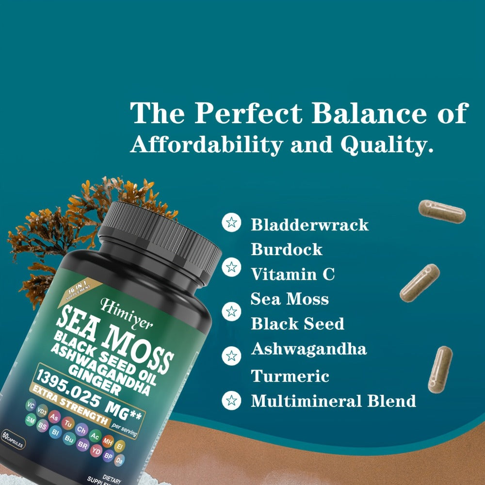 3Packs Sea Moss Capsules W/ Black Seed Oil, Ashwagandha & Turmeric - 90mg Vitamin C & D3 for Vitamin Support - Natural Supplement. Health & Energy&Immunity.