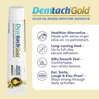 Denture Adhesive Cream Zinc-Free Olive Oil Formula - All Day Strong Hold for Full & Partial Dentures - Petroleum-Free Denture Glue 2.4 oz
