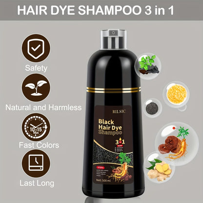 Hair Dye Shampoo 3-in-1 — RILSIC Instant Gray Coverage, Plant Squalene Natural Formula, 100% Grey Hair Color for Women & Men, 16.91oz