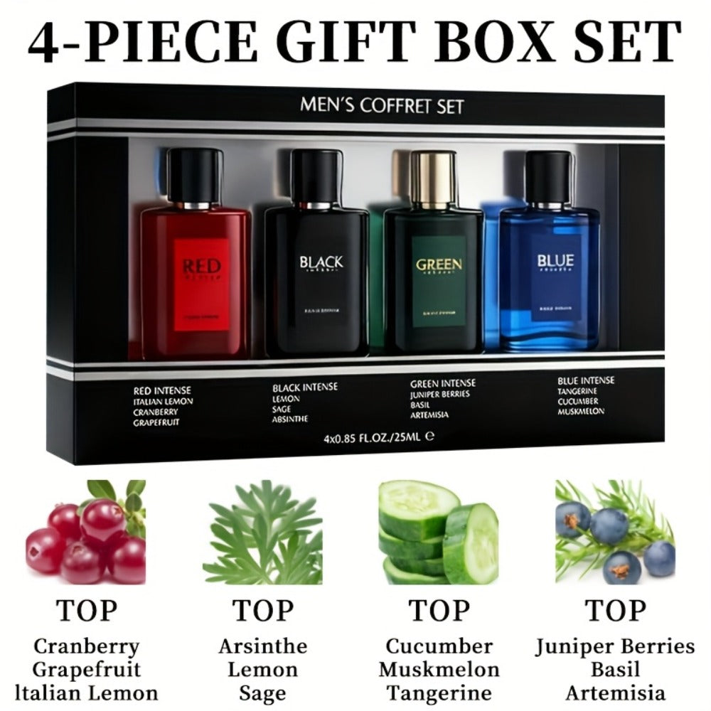 EDT Cologne Gift Set for Men 4 Piece Variety | 4 Different Scents Long Lasting Fragrance Mini Bottles 0.85oz Each | Holiday Birthday Dating Party Gift Box