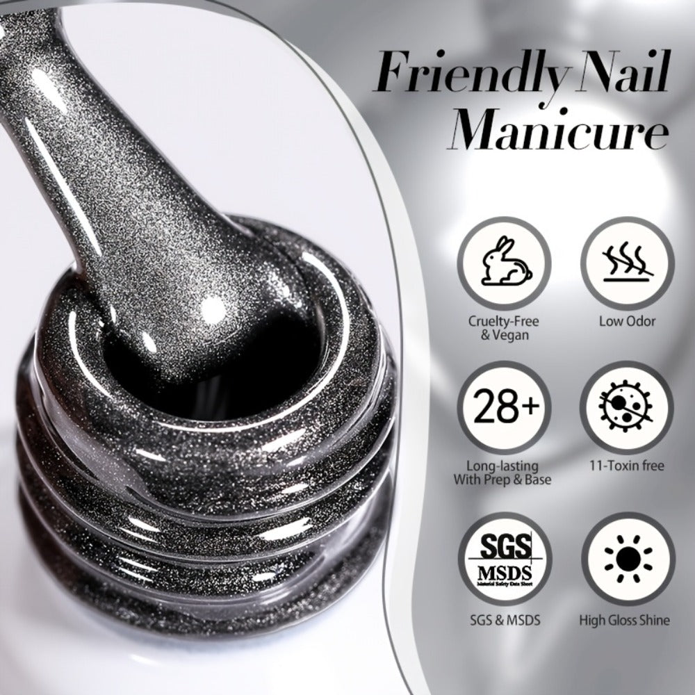 BORN PRETTY 0.34oz Black Glass Bead Black Color Cat Magnetic Gel Nail Polish With A Delicate Magnetic Powder Effect And Shiny Soak Off Gel