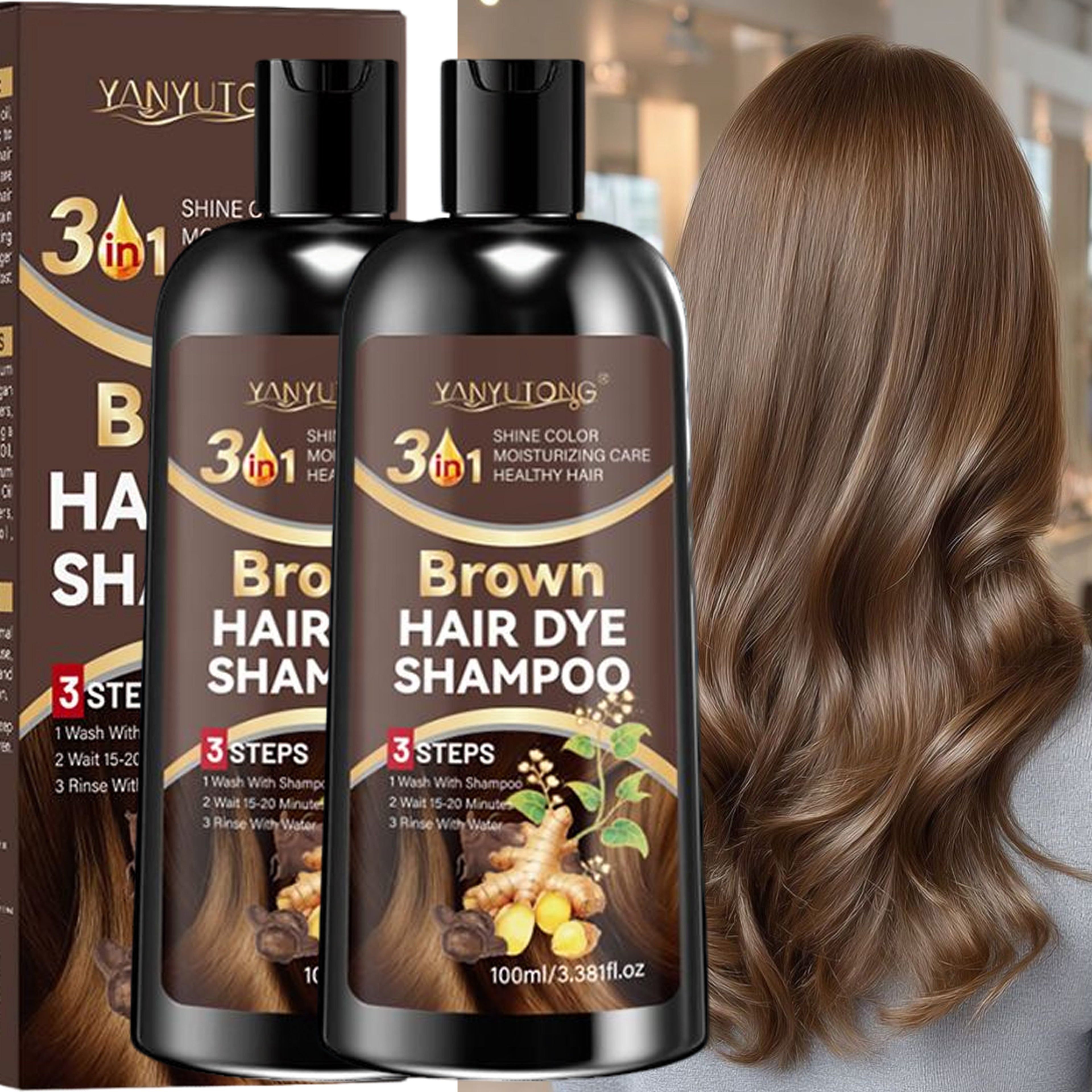 Set of Two, 3.38oz Brown Hair Dye Shampoo Enriched with Plant Extracts, Featuring Polygonum Multiflorum And Ginger Extracts, Provides Deep Moisture, Tames Frizz, Quickly Conceals Gray Hair, Gentle on Hair, Offers Long-Lasting Color