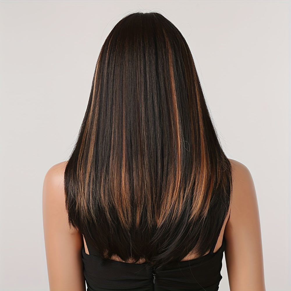 A 24-Inch Synthetic Wig Featuring Black Straight Hair with Orange Highlights And Bangs, Designed with a Headband for Women. It Includes a Dyed Rose Mesh Hat Made of Matte High-Temperature, Perfect for Fashionable And Trendy Everyday Wear. It'S Comfo
