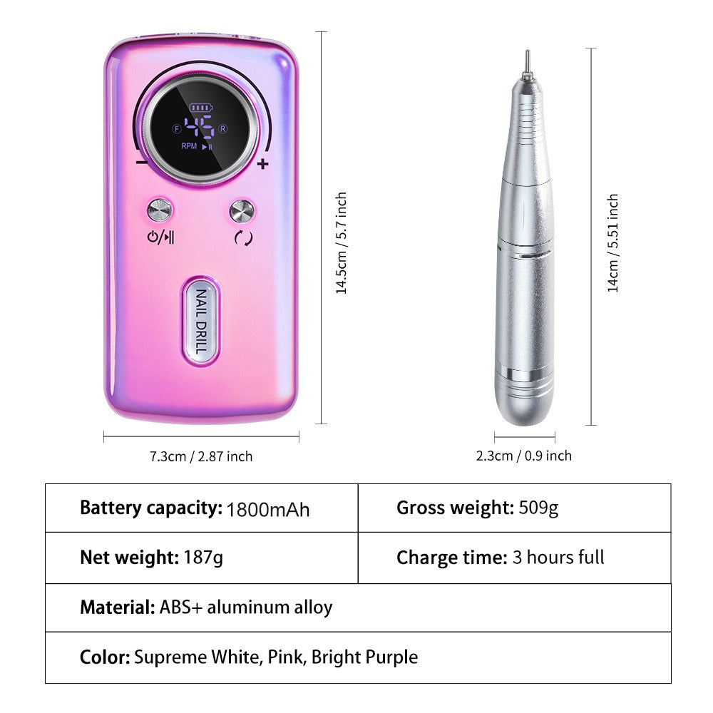 Limegirl Cordless Nail Drill Professional: 45000 RPM Rechargeable Electric Nail File Kit, Portable And Low Noise for Acrylic, Gel Nails, Manicure And Pedicure - Salon And Home Use