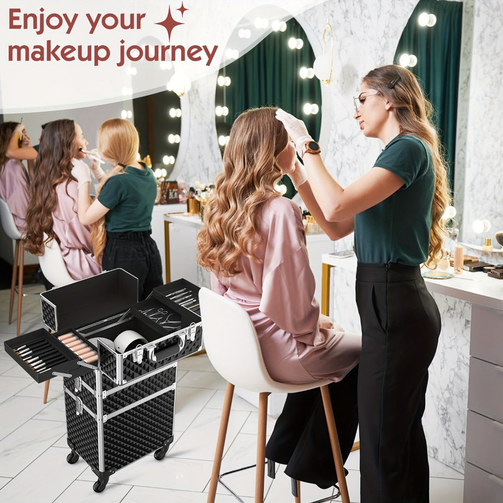Rolling Makeup Train Case with Makeup Sponges Set, Large Storage Cosmetic Trolley 3in 1 Large Capacity Trolley Makeup Travel Case with Key Swivel Wheels Salon Barber Case Traveling Cart Trunk