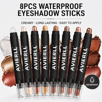 Eyeshadow Stick Set 8PCS Waterproof Long-Lasting - Shimmer, Pearlescent & Matte Eye Shadow Pencil for Smoky, Natural & Glitter Looks, Blendable Creamy Formula, Gift for Her