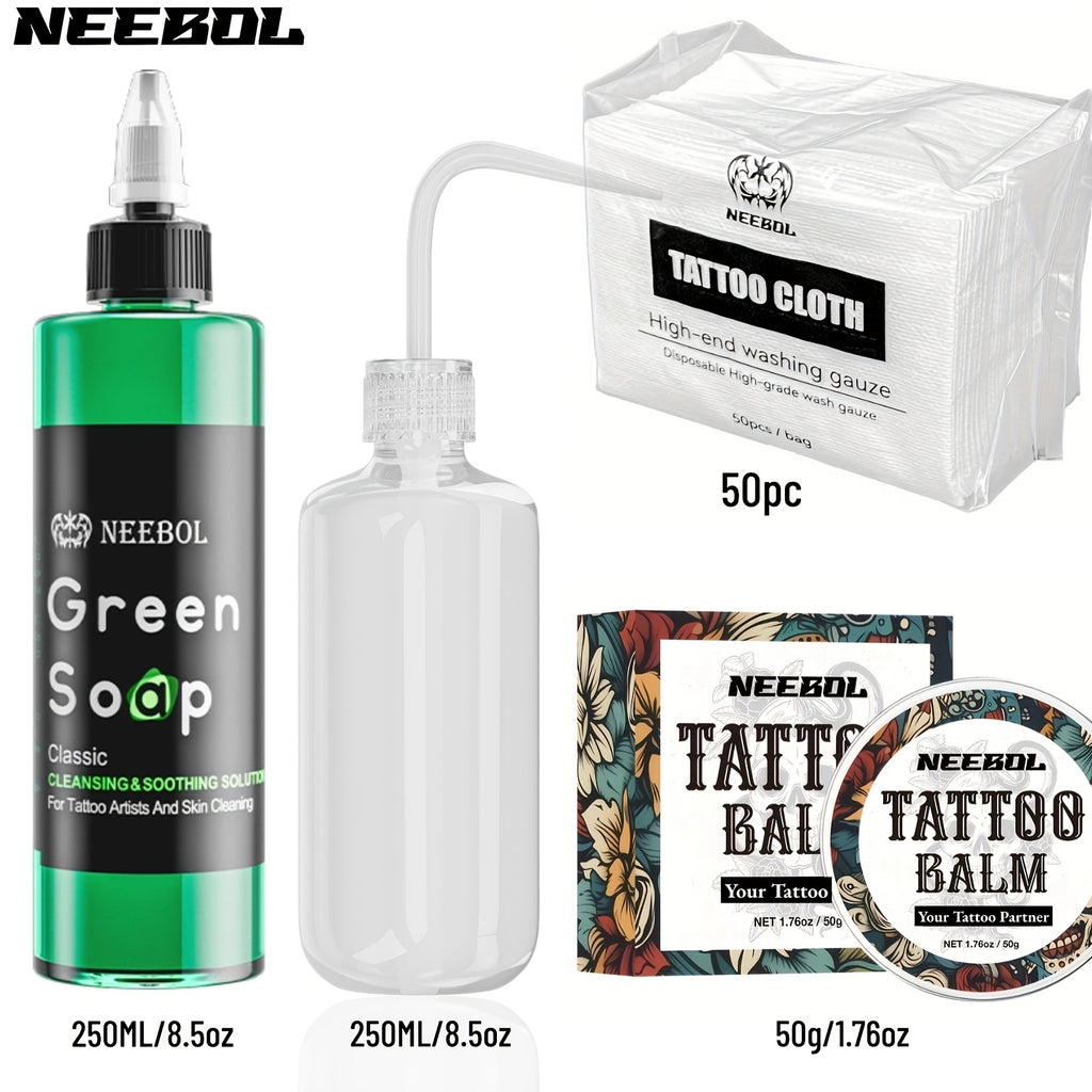 Neebol Green Soap Tattoo Cleaning Solution for Skin Prep Before And After Tattooing, Tattoo Kit, 8.5Oz Tattoo Soap with Squeeze Bottle, Moisturizing Tattoo Balm Cream for Vibrant Color, Tattoo Wipes Cleansing Cloth
