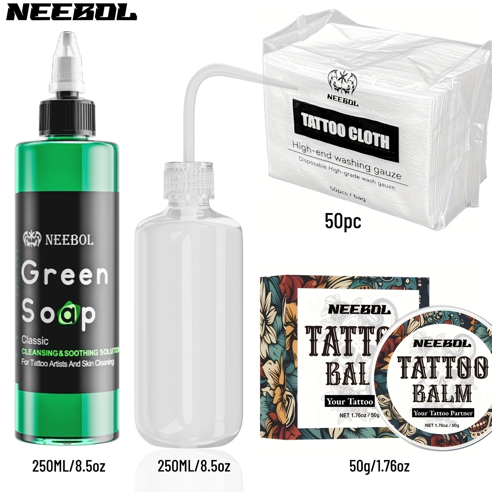 Neebol Green Soap Tattoo Cleaning Solution for Skin Prep Before And After Tattooing, Tattoo Kit, 8.5Oz Tattoo Soap with Squeeze Bottle, Moisturizing Tattoo Balm Cream for Vibrant Color, Tattoo Wipes Cleansing Cloth