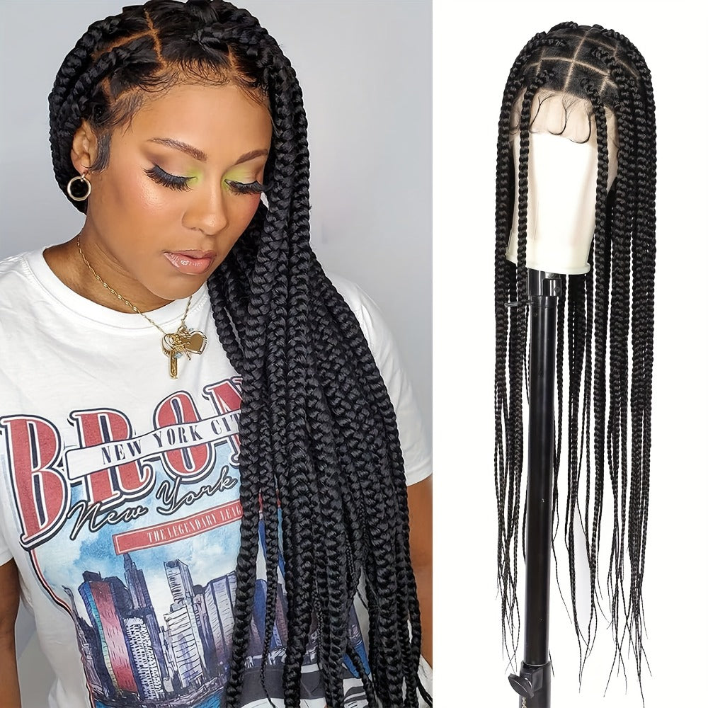 Braided Wig Full Lace Handmade Extra Long Curly Braid 40 Inch Lace Front Lace Frontal for Women Natural Black Majestic Cascading Curls Protective Style
