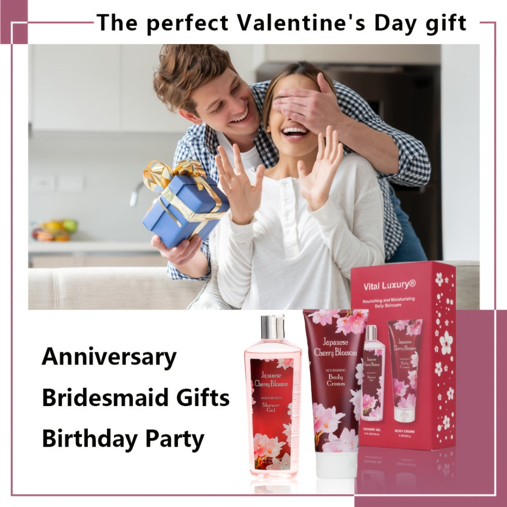 Body Wash and Body Cream Gift Set Cherry Blossom Fragrance 8oz 2pcs Light Non-Sticky Long-Lasting Scent All Skin Types Valentine's Day Mother's Day Gift Set
