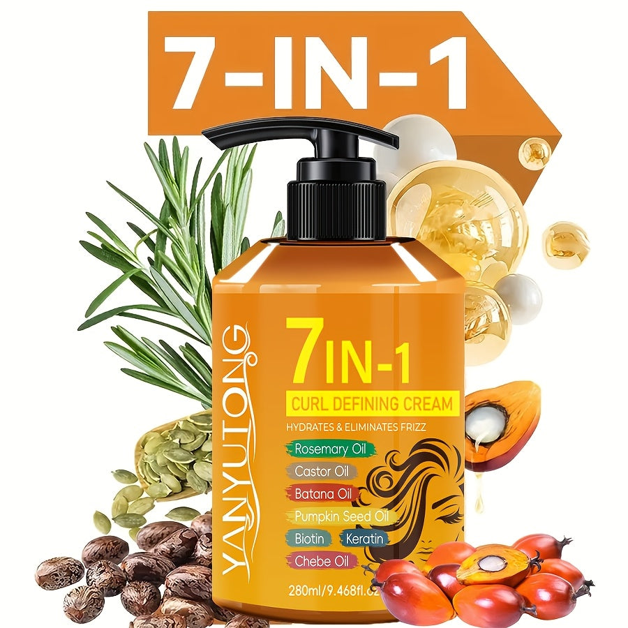 7-In-1 Curling Cream, for Black Hair, Latin Curls, Braids, with Moroccan Nut Oil, Long-Lasting, Moisturizing, Suitable for Wavy Curls, Containing Rosemary, Castor Oil, Batani Oil, Sunflower Seed Oil, Biotin, Keratin, Coconut Oil
