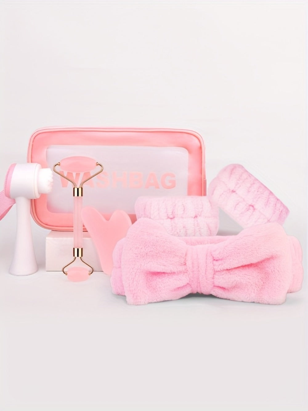 7pcs Facial Cleansing Massage Set, Includes 2 Wristbands + 1 Hair Band, 1 Double-Sided Silicone Face Brush, 1 Double-Headed Roller Massager, 1 Heart-Shaped Facial Scraping Board, 1 Pink Storage Bag, The Best Facial Cleansing And Massage Tool