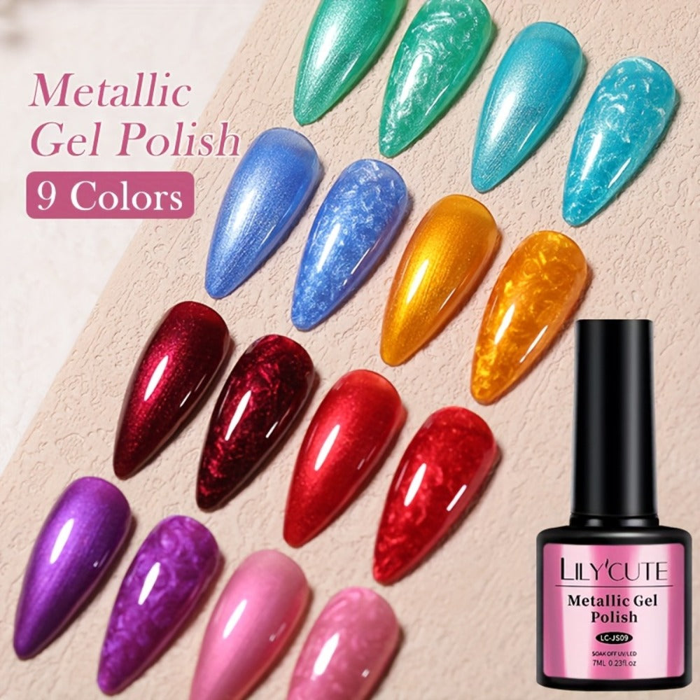 Glitter Gel Nail Polish Set 9pcs Metallic Soak-Off LED UV Sparkling Nail Art Kit — Red & Purple Shades Long-Lasting Salon & DIY Home Manicure, LILYCUTE Professional Formula (0.24oz Each)