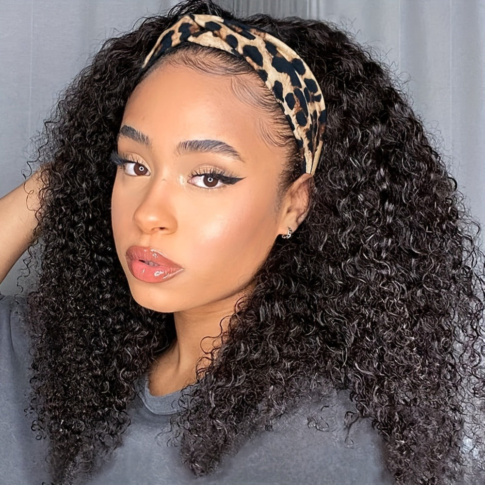 Kinky Curly Headband Wig Human Hair 180% Density — Brazilian Glueless No Lace, Full Machine Made Wig for Women, Natural Color, 14–20 Inch
