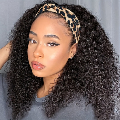 Kinky Curly Headband Wig Human Hair 180% Density — Brazilian Glueless No Lace, Full Machine Made Wig for Women, Natural Color, 14–20 Inch