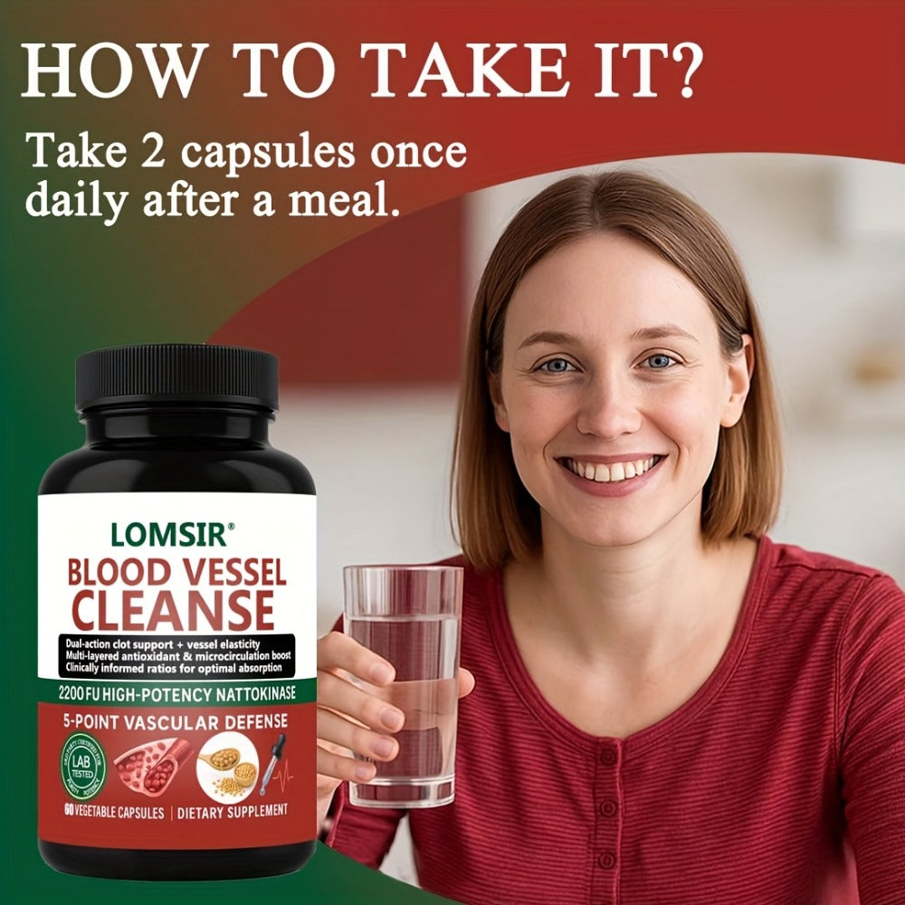 Blood Vessel Cleanse Capsules - Nattokinase Supplement with Gamma Oryzanol, Supports A Healthy Circulatory System - 60 Capsules