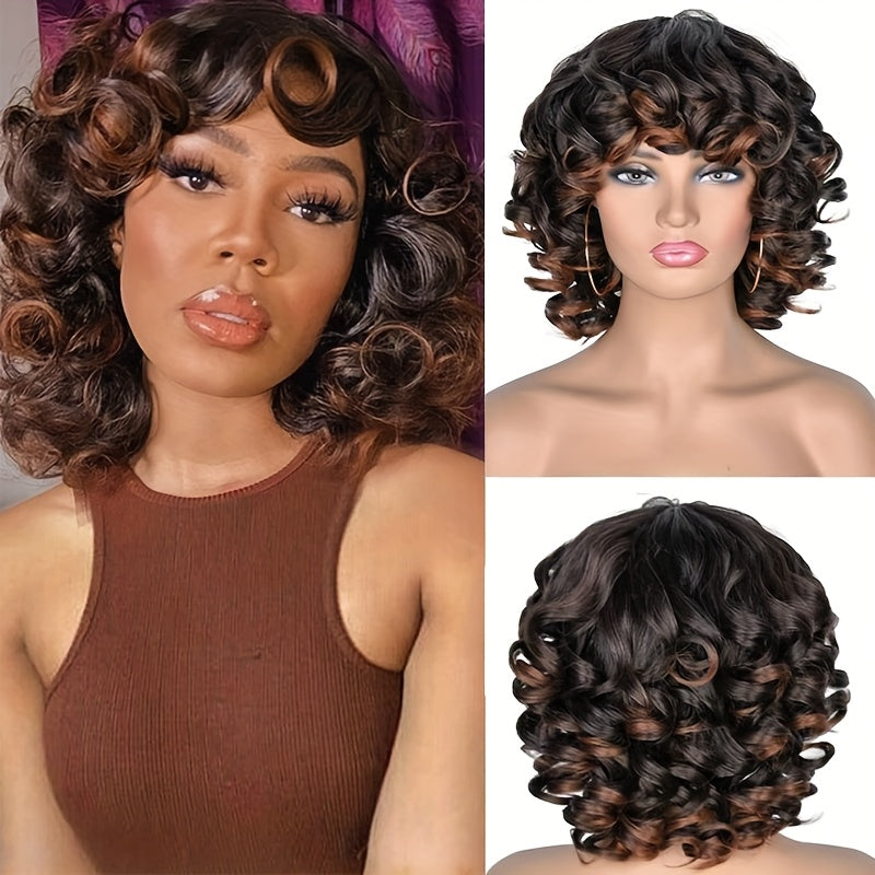 Short Afro Wig with Bangs for 14'' - Kinky Curly Synthetic Hair Wig Suitable for African, Ombre 2-Tone Black/Brown Highlights, Natural Volume & Daily Wear Hair Replacement Wigs