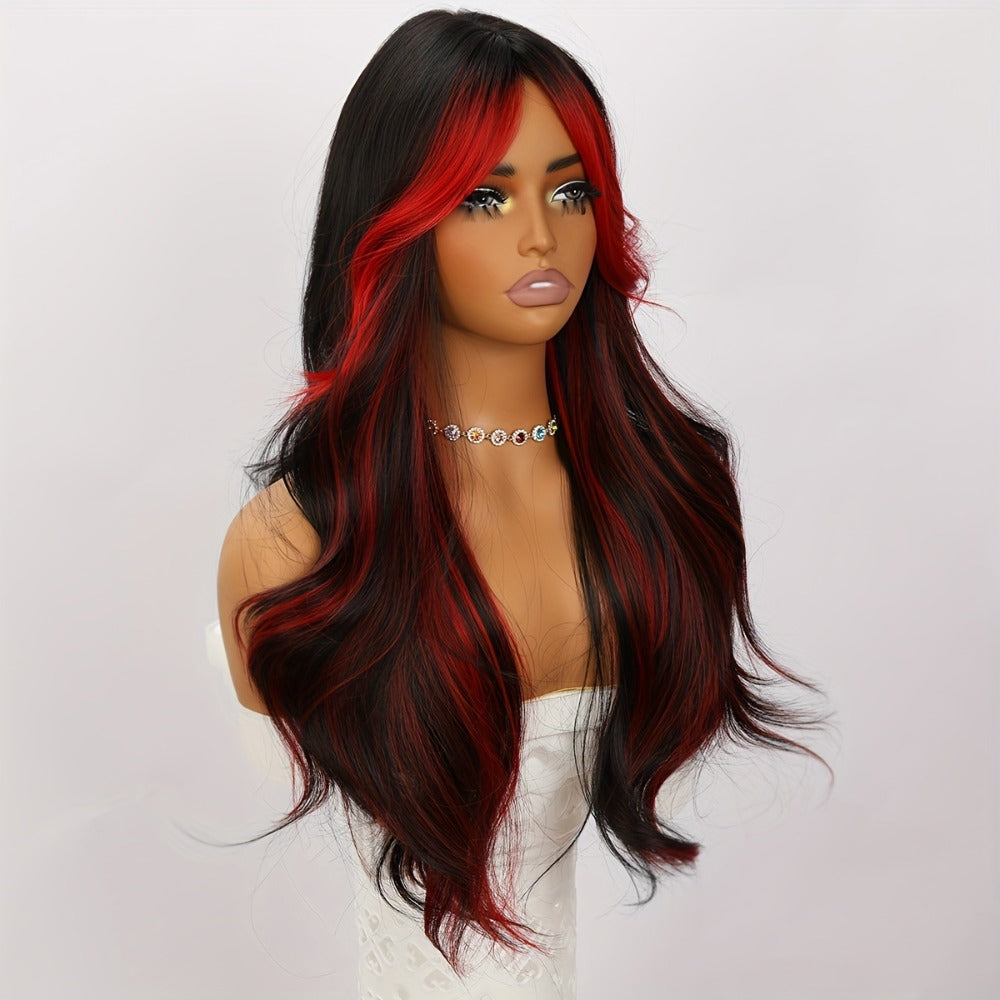 Long Straight Wig with Bangs Synthetic 24 Inch Red Highlights A-Shape Bangs Heat Resistant Rose Net Cap Wig for Women Daily Wear Party Cosplay Flowing Hair
