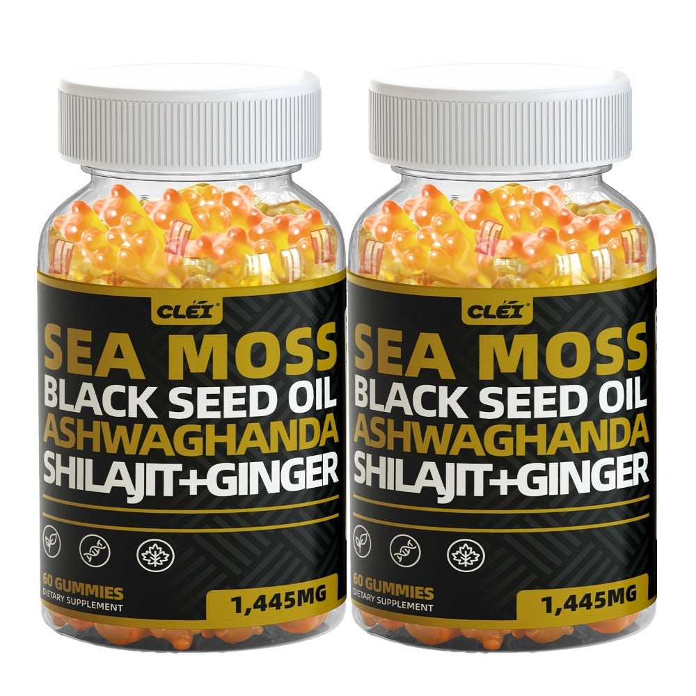 Sea Moss, Black Seed Oil, Ashwagandha, Ginger, Shila Gummies with Elderberry, Chlorophyll, Turmeric, Bladderwrack 1445mg, 60 Gummies | 1/2/3 Bottle