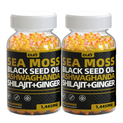 Sea Moss Gummies 1445mg with Black Seed Oil Ashwagandha Elderberry Turmeric Bladderwrack Chlorophyll & Ginger | 10-in-1 Superfood Immune & Energy Support | 60 Gummies Per Bottle