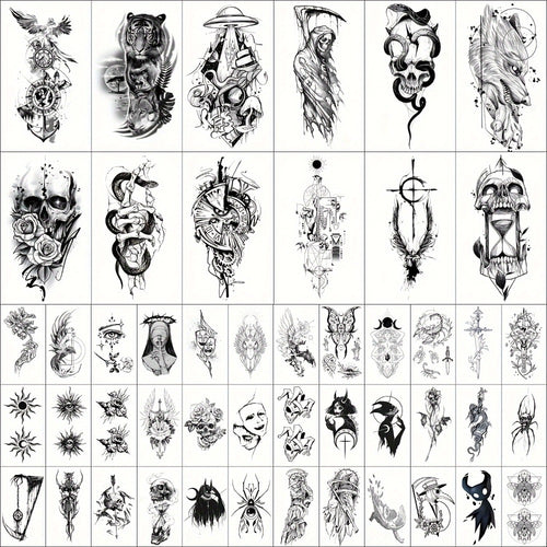 Temporary Tattoos for Men Women 48pcs Realistic Fake Tattoo Stickers Skull Snake Black Body Arm Designs Long Lasting Waterproof Non-Toxic GLARYYEARS 12 Large 36 Small
