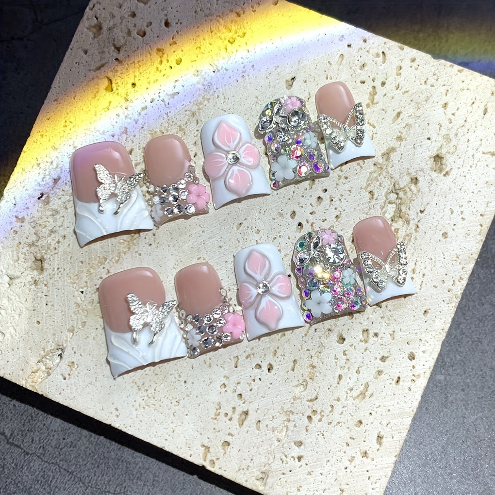 10pcs Short Duckbill White French Matching Golden Glitter Butterfly Hand-carved Flower Pinched Butterfly Flower Gorgeous Nail Art Pure Hand-worn Nail Artificial Nails Suitable for Wedding Party Daily Birthday Gifts