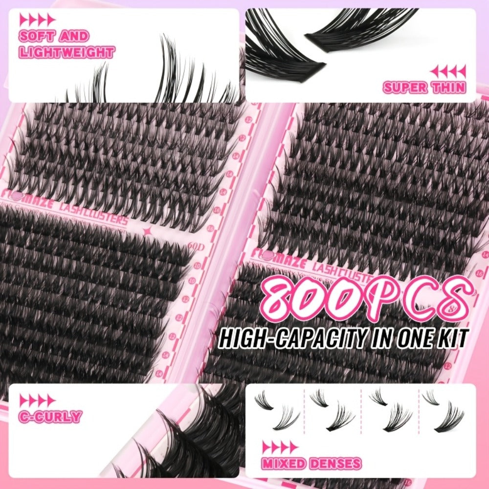 Lash Clusters Kit Wispy Volume Eyelash Extensions Mega Volume Cluster Lashes Mixed Length 800pcs-30D40D60D80D Volume Styles Kit With Bond Seal & Applicator Romantic For Prom Glam Lashes Party Lashes For Long Lasting Prom Look
