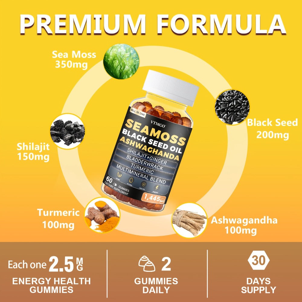 (1/2/3 Bottles)-Sea Moss&Shilajit, Black Seed Oil, Ashwagandha, Ginger, Gummies With Elderberry, Chlorophyll, Turmeric, Bladderwrack 1445Mg, Health, Natural, Antioxidant, Happiness, . 60 Gummies