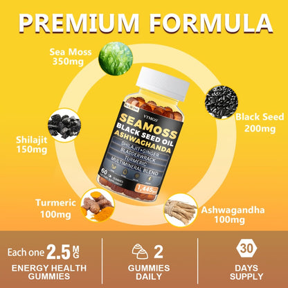 Sea Moss Gummies 1445mg with Shilajit Black Seed Oil Ashwagandha Elderberry Chlorophyll Turmeric Bladderwrack & Ginger | 8-in-1 Antioxidant Superfood Supplement for Immunity Energy & Wellness | 60 Gummies