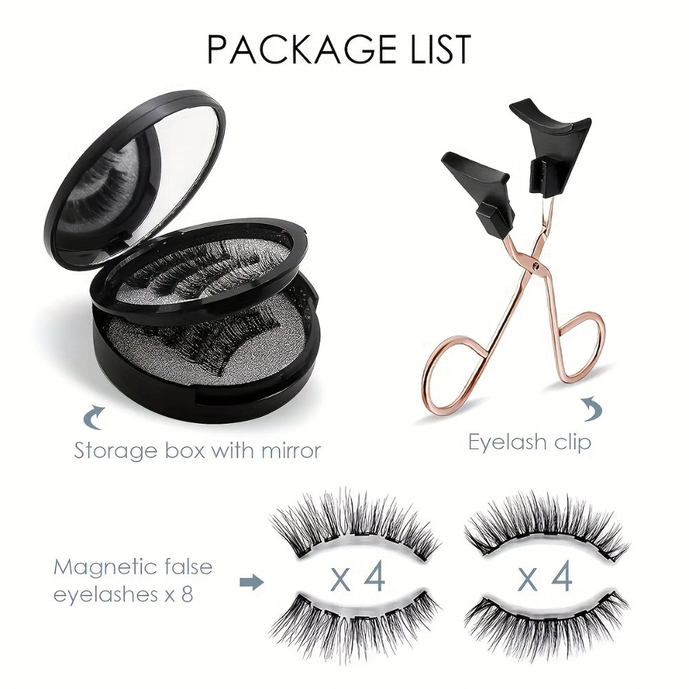 8 Pairs of Natural Glue Free 3D False Eyelashes, No Eyeliner, Reusable Dual Magnetic False Eyelashes Set, with Clip, Reusable, Waterproof, Glue Free, Easy to Wear At Christmas, Ladies Gift