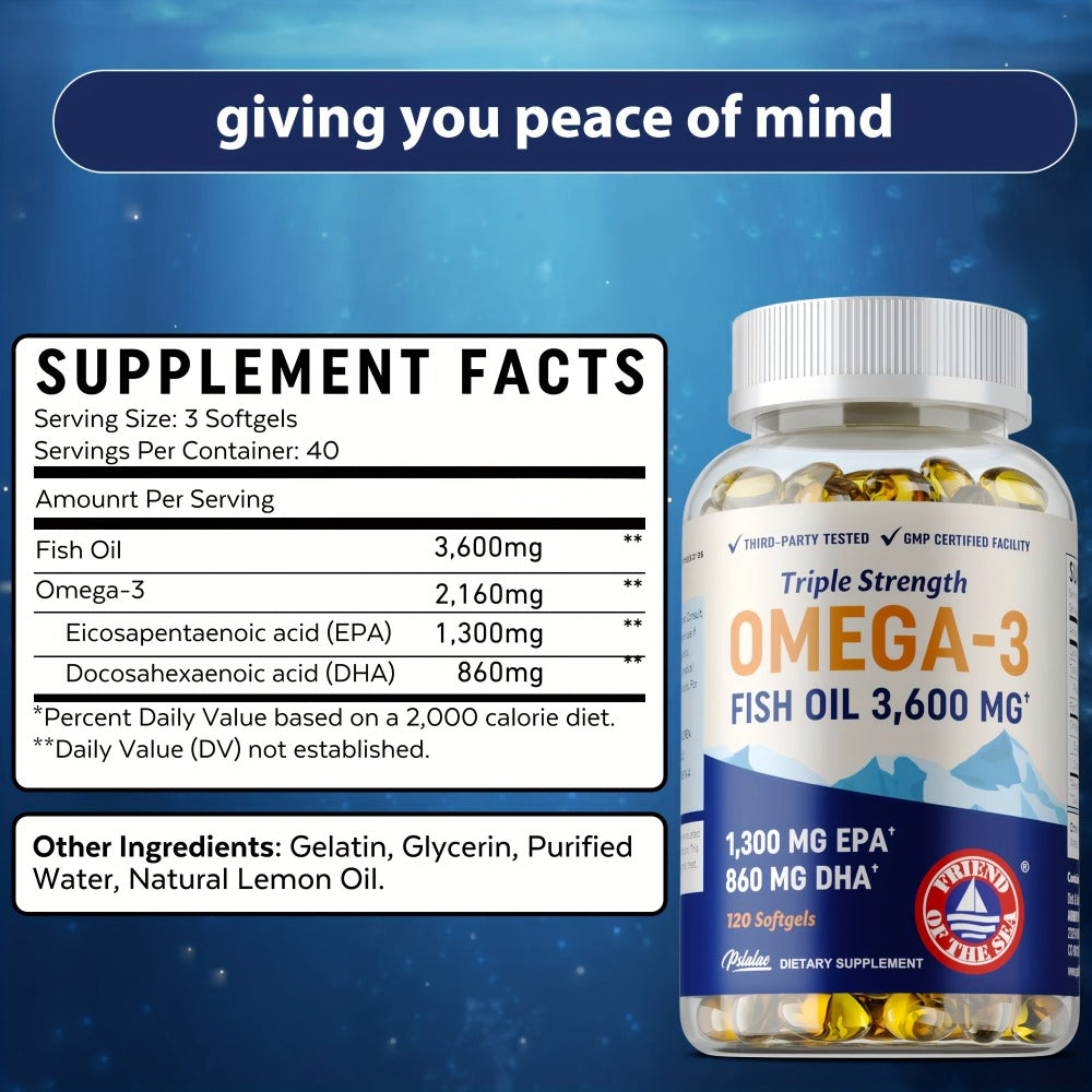 Omega 3 Fish Oil - with EPA & DHA, Omega-3, Triple Strength Omega 3 Fish Oil Supplement, for Eye Brain and Heart Health - 120pcs