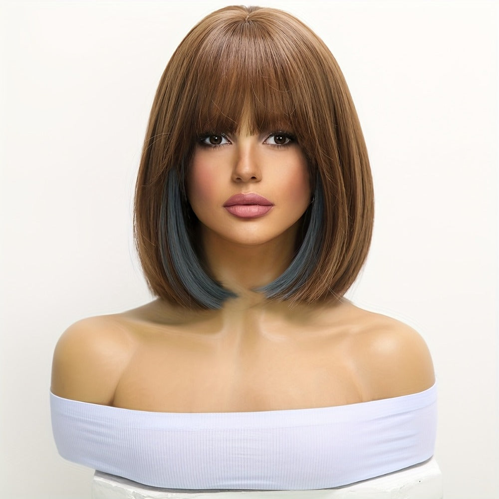 Synthetic Wig with Bangs 12 Inch Rose Net Cap for Women Light Yellow Gradient Brown Red Highlights Light Brown Daily Wear Party Cosplay Role Play