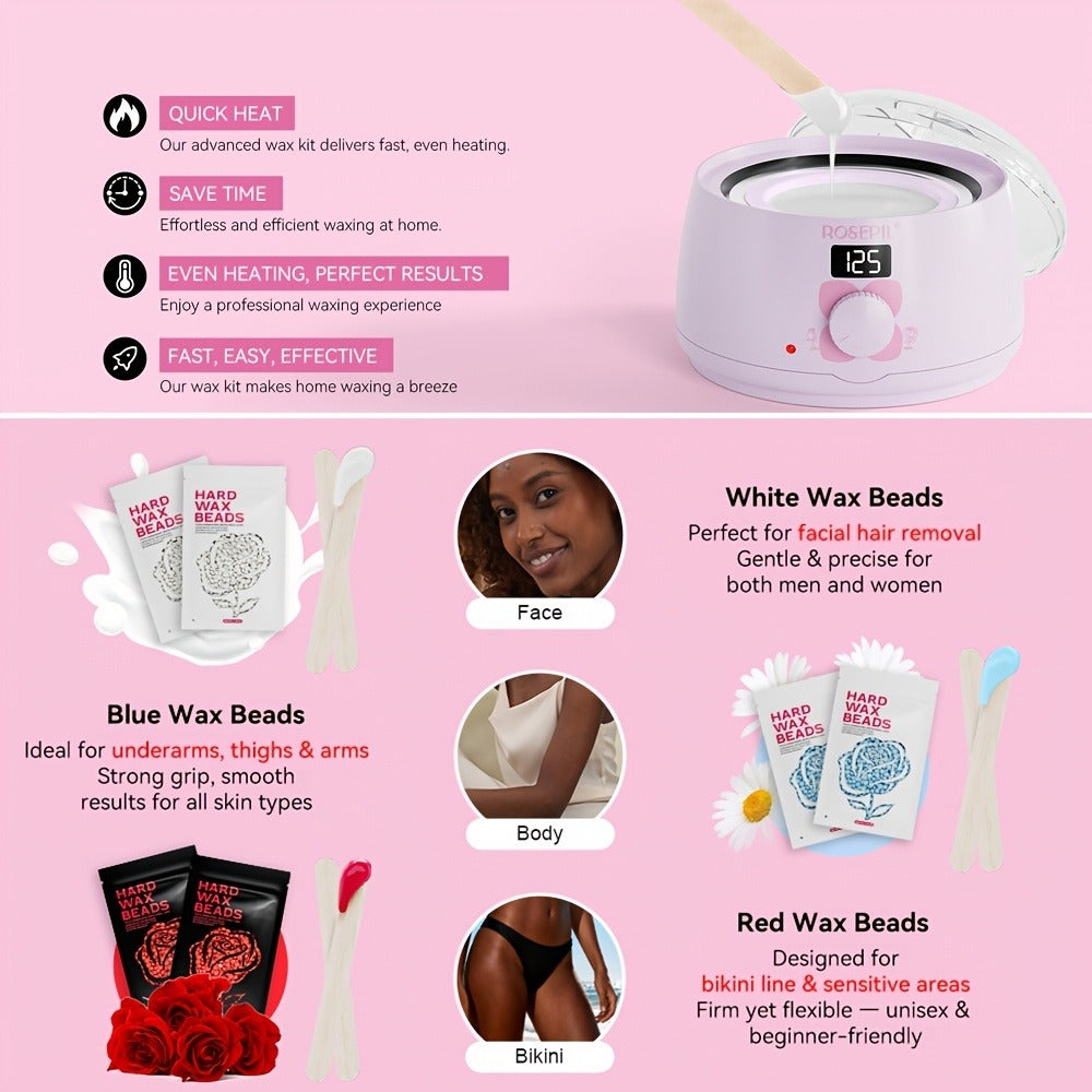 Digital Wax Heater Hair Removal Kit with Intelligent Temperature Control, Includes 6 Packets (3 Colors) Of Wax Beads for Precise Hair Removal - Suitable for Body, Bikini Line, And Face, Salon-grade for Home Use.