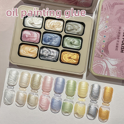 Pearlescent Nail Gel 9-Grid Shell Shimmer Cream Oil Painting Gel Polish - Mother of Pearl Spiral Design Multicolor Glitter Gel for Salon DIY Nail Art