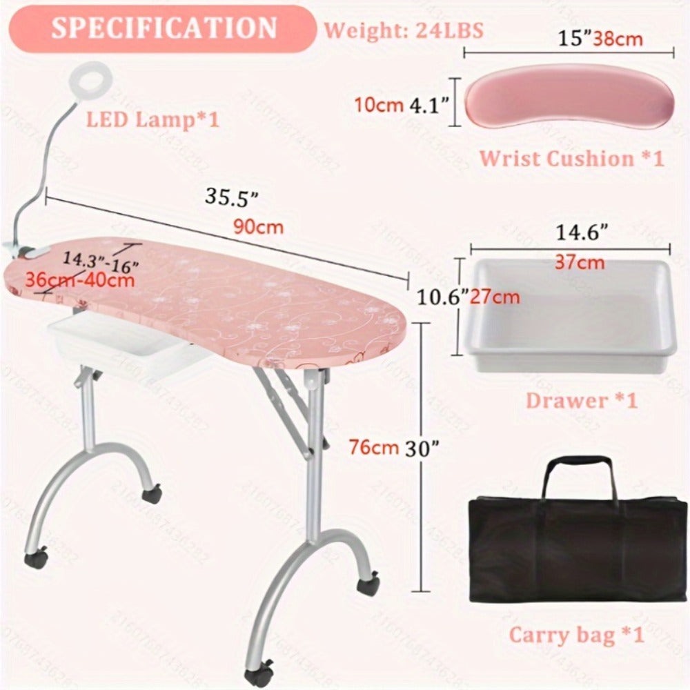 Foldable Nail Table for Manicures, Featuring a Drawer, LED Lamp, Four Lockable Wheels, And a Carrying Bag, Designed for with a Wrist Cushion