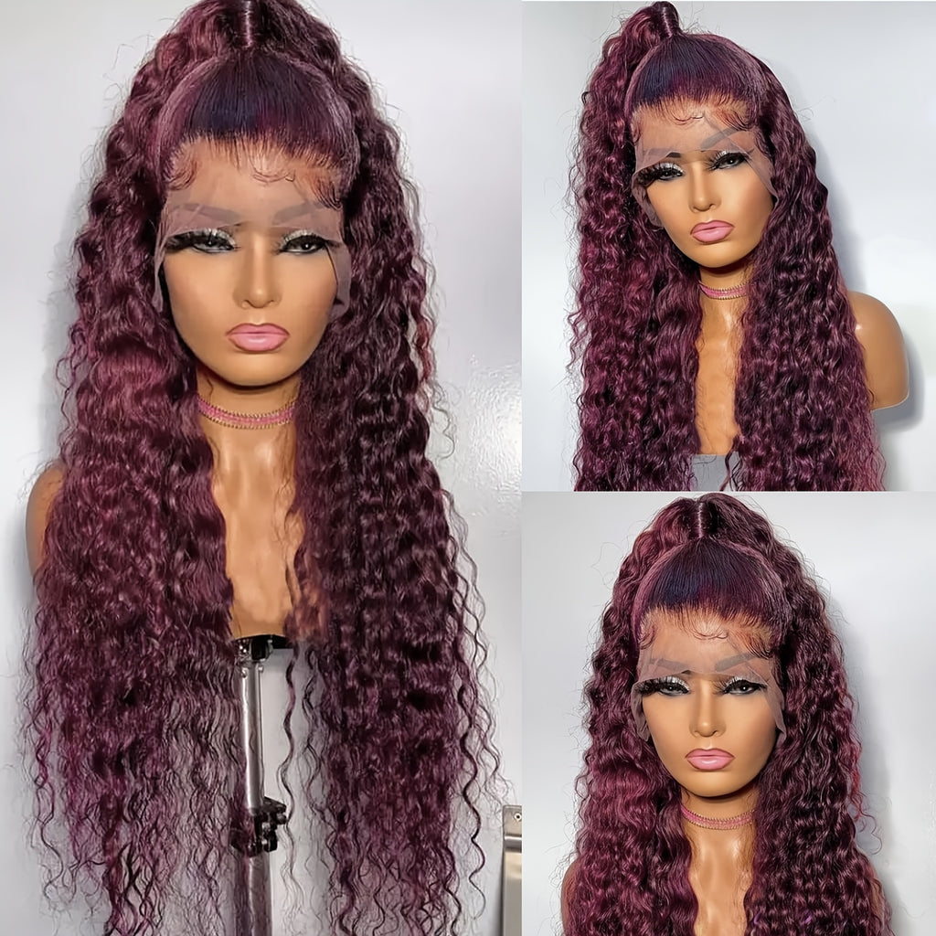200% Density Burgundy Curly Deep Wave Frontal Wig Glueless HD Transparent Lace Front with Pre-Plucked Hair - 99J Bleached Knots Look Suitable for Women, Long-Lasting Volume & of Application