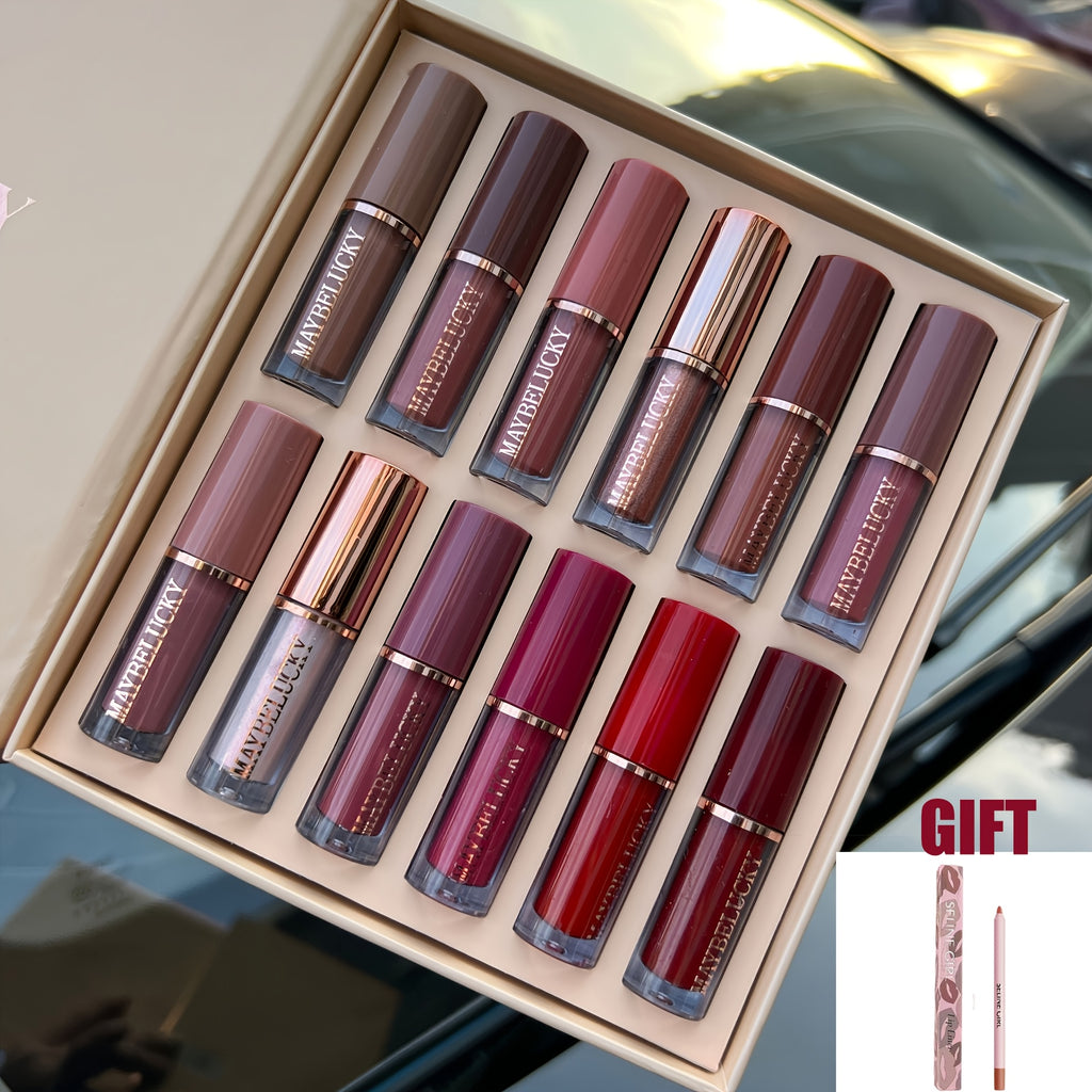Valentine's Day Gifts 12pcs/Set Velvet Matte Liquid Lipstick Book Style Christmas Gift Long-Lasting Non-Stick Cup Not Fade Shimmer Nude Lip Gloss Christmas Gifts