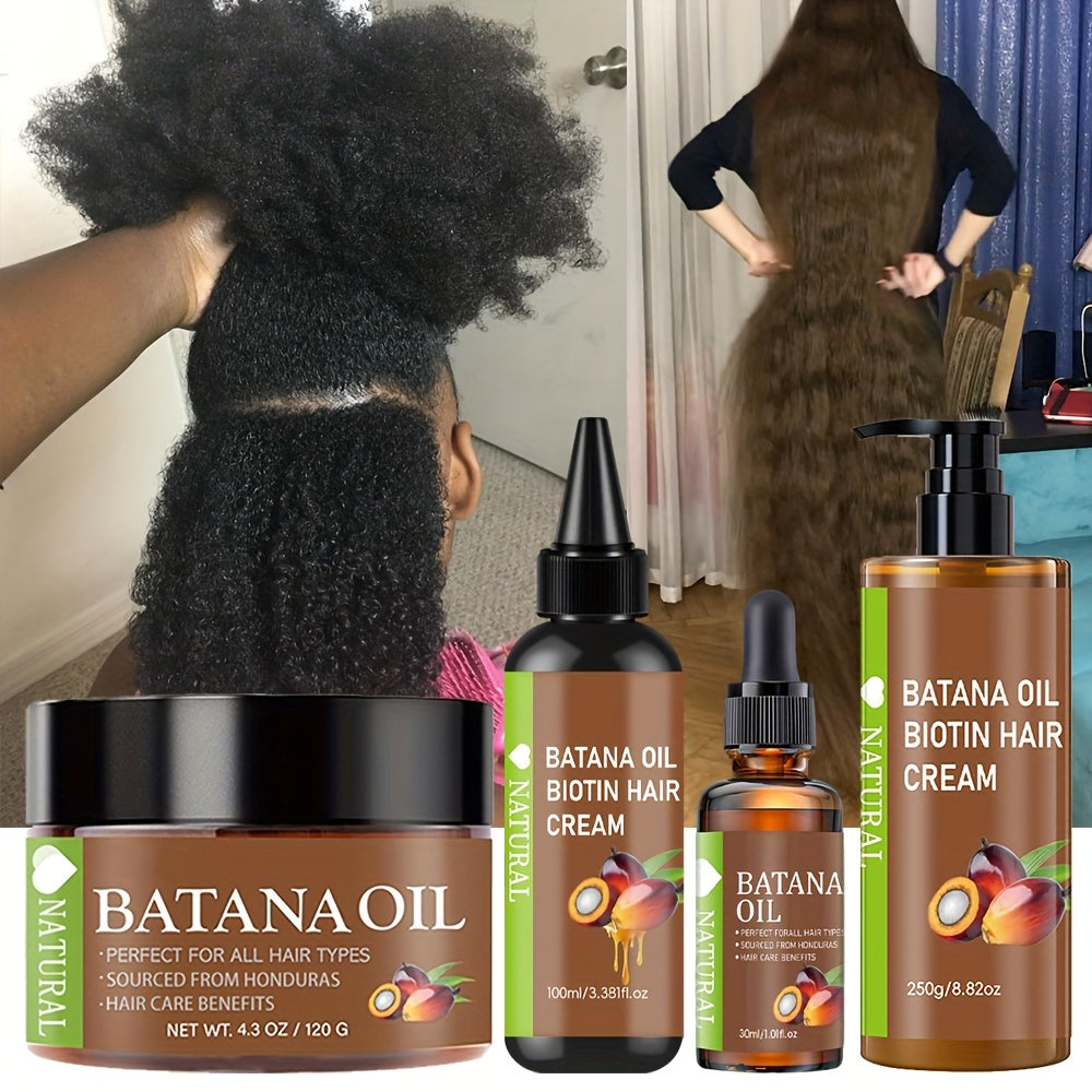 4pcs Honduran Batana Hair Oil + Batana Oil + Batana Hair Cream + Batana Hair Milk, Pure Cold-pressed Extracts For Scalp And Hair Care, With Biotin, Strengthens Hair, Prevents Breakage And Split Ends, Suitable For All Hair Types