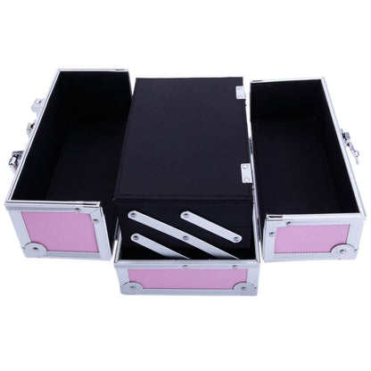 Makeup Train Case with Wheels - Large Aluminum Cosmetic Trolley Organizer, Lockable Travel Makeup Artist Box with Adjustable Dividers, Black Silver Pink