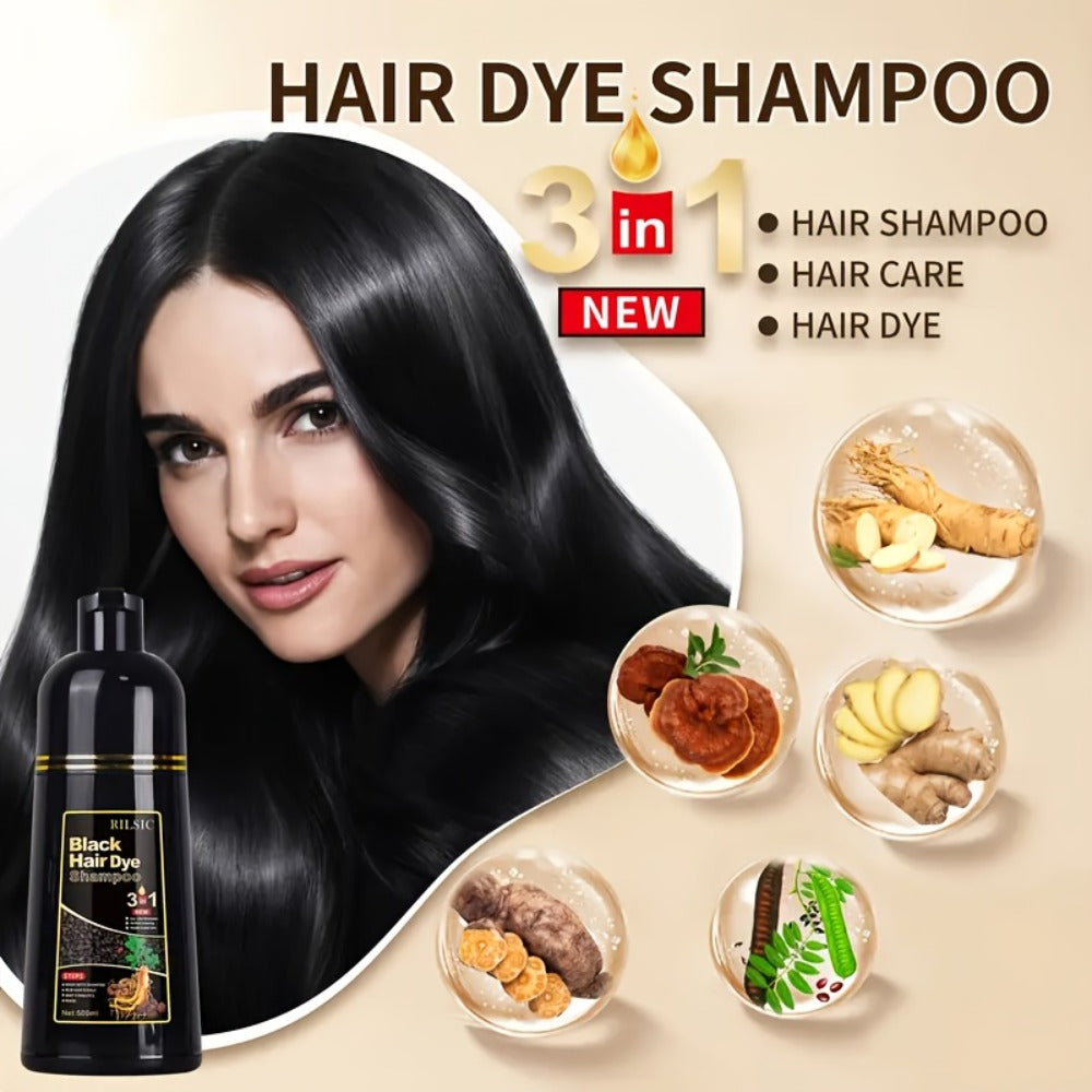 Hair Dye Shampoo 16.91oz — 3-in-1 Herbal Formula with Plant Squalane for Instant Gray Coverage, Color & Care | Fluffy & Smooth Finish | Men & Women