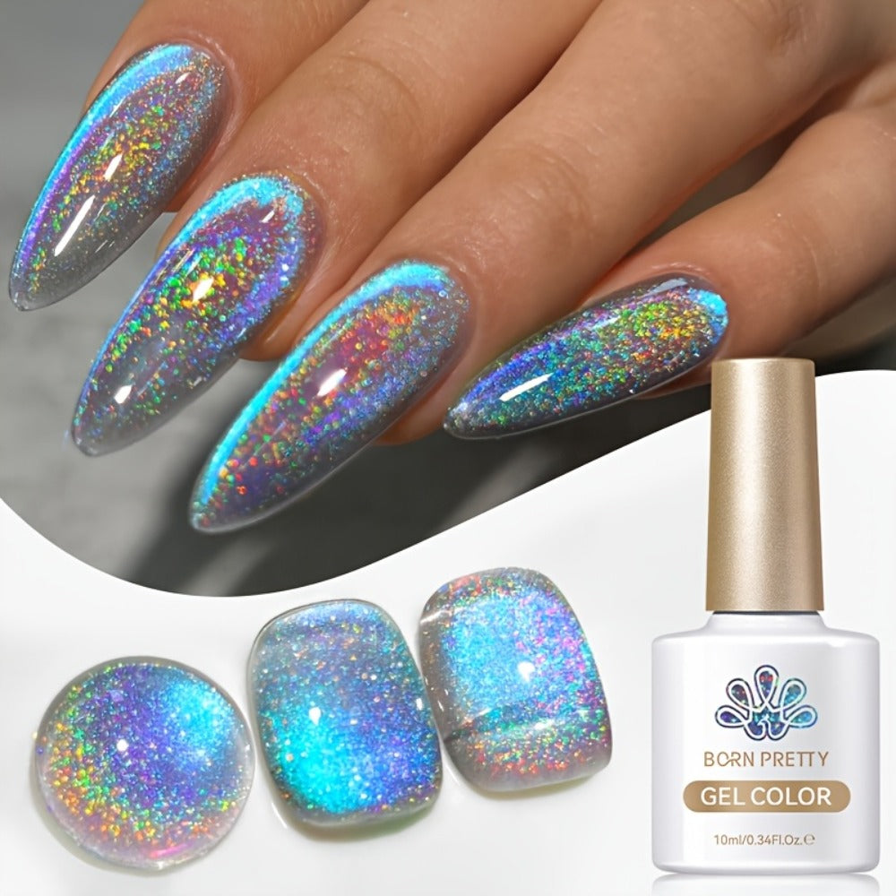 1 Born Pretty 9D Magnetic Cat Eye Gel Polish - Holographic Rainbow with Magnetic Swirl Design, Soak-Off /LED Curable Nail Polish Suitable for DIY Magnetic Nail Art, -Lasting Gel for Salon & Home Use 0.34oz