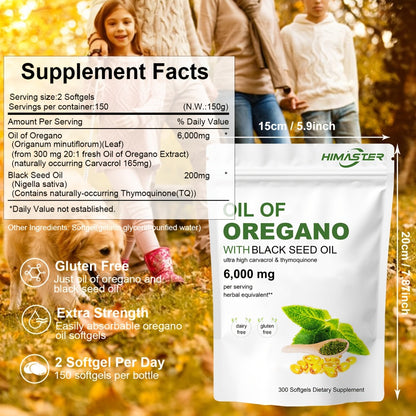 Oil of Oregano Softgels 6000mg 20:1 Extract with Black Seed Oil | 2-in-1 Antioxidant & Immune Support Formula | Plant-Based Herbal Supplement | 300 Softgels Per Bag