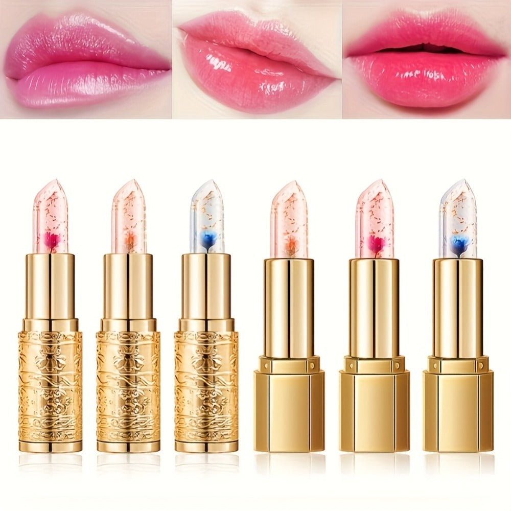 Color Changing Lipstick Set 6-Pack Jelly Flower Lip Balm Temperature Activated Tint Hydrating Squalane Formula Long Lasting Moisturizing Lip Gloss