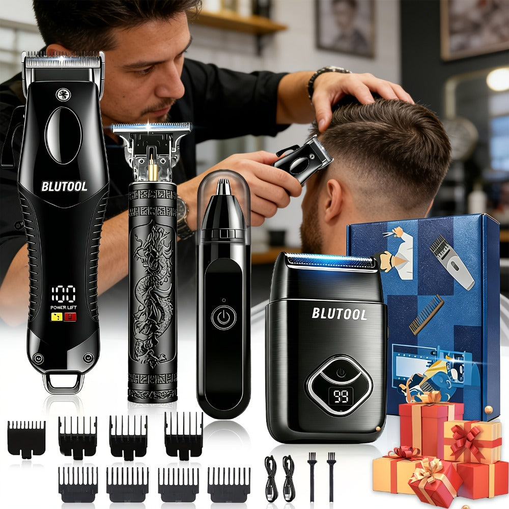 4-in-1 Cordless Men' Hair Clippers & Beard Trimmer with Electric Shaver & Nose Trimmer - Rechargeable Professional Hair Cutting System Suitable for Barbershop, Home Use, Gift for Dad, Husband, Birthday/Christmas Present - -in- Grooming Kit
