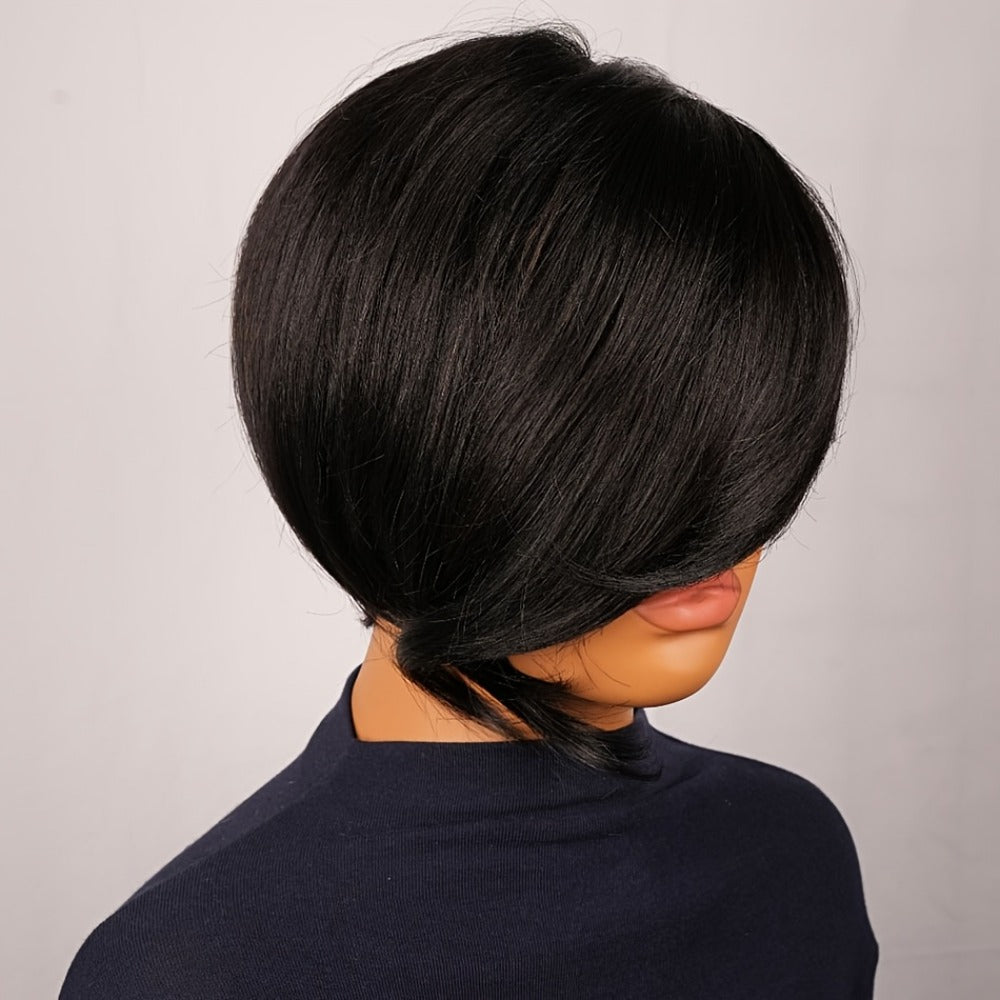 Pixie Cut Human Hair Wig with Bangs 8 Inch 200% Density Glueless Side Part Layered Straight Rose Net Cap Throw On and Go Women #1 #4 #99J Daily Party