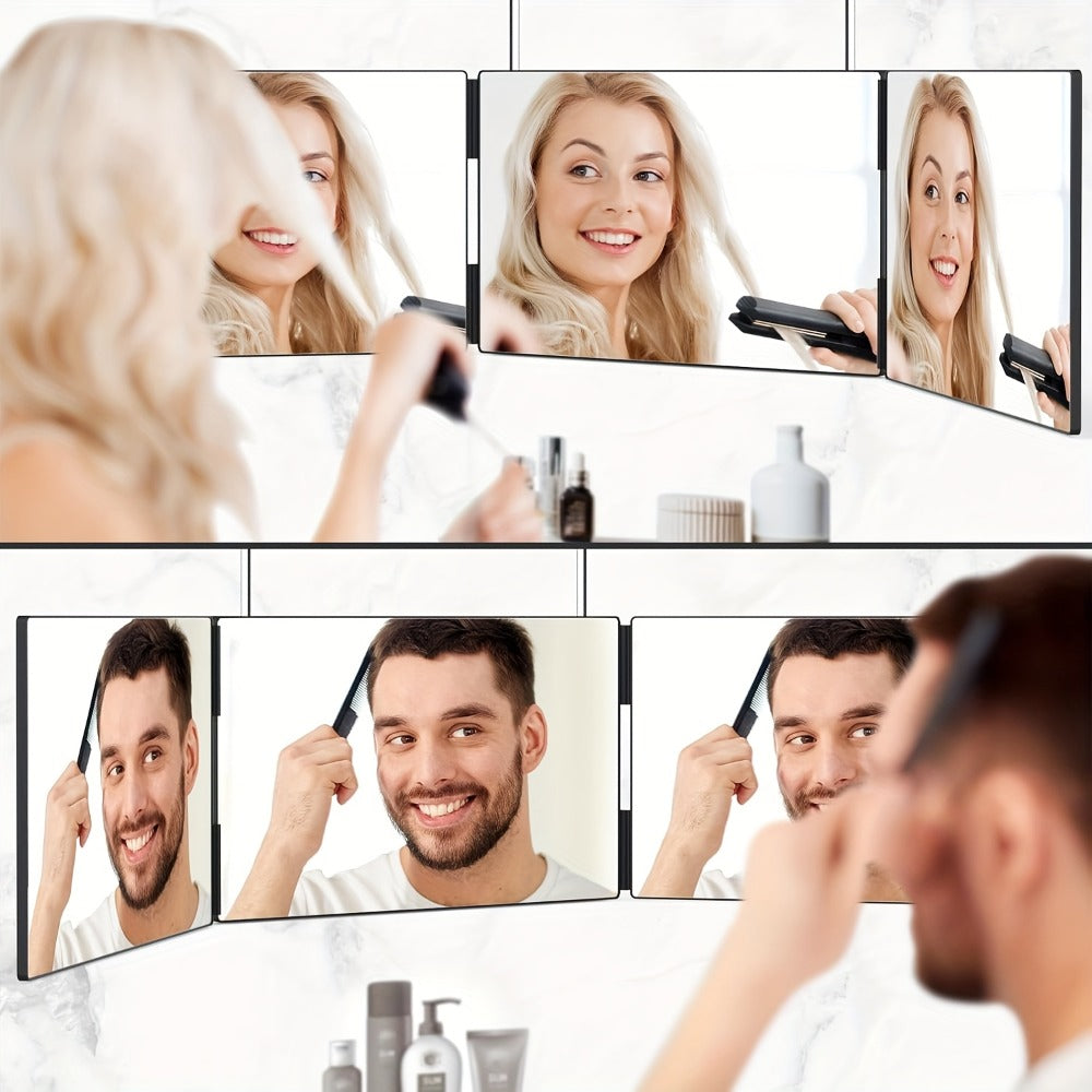 BANBERS Folding Three-Sided Mirror, Three-Way Mirror for Haircutting, with Height-Adjustable Telescopic Hook, Two Fixing Nails, 360° Viewing Angle, Clear Anti-Fog HD Glass. The Three-Way Mirror Can Be Used for Shaving, Makeup, Hairstyling, and Hair