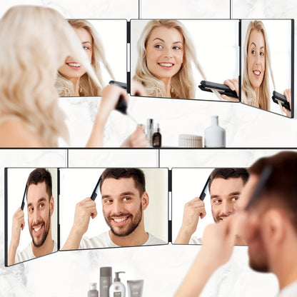 Three-Way Mirror for Haircutting 360° View, Folding Three-Sided Mirror with Height-Adjustable Telescopic Hook, Anti-Fog HD Glass, for Self Hair Cutting Shaving Makeup Hairstyling at Home