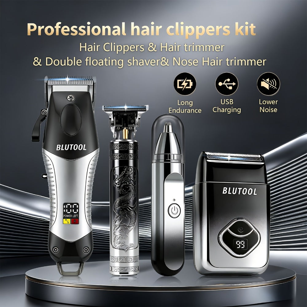 4-in-1 Cordless Men' Hair Clippers & Beard Trimmer with Electric Shaver & Nose Trimmer - Rechargeable Professional Hair Cutting System Suitable for Barbershop, Home Use, Gift for Dad, Husband, Birthday/Christmas Present - -in- Grooming Kit