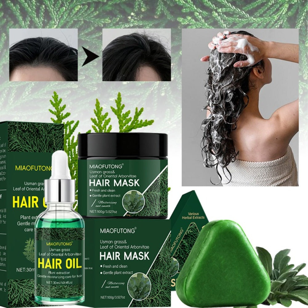 Herbal Hair Care Set 3-Piece Shampoo Bar 120g + Hair Essence 1.01oz + Hair Mask 100g - Deep Cleanse Nourish & Protect for Oily Scalp All Hair Types