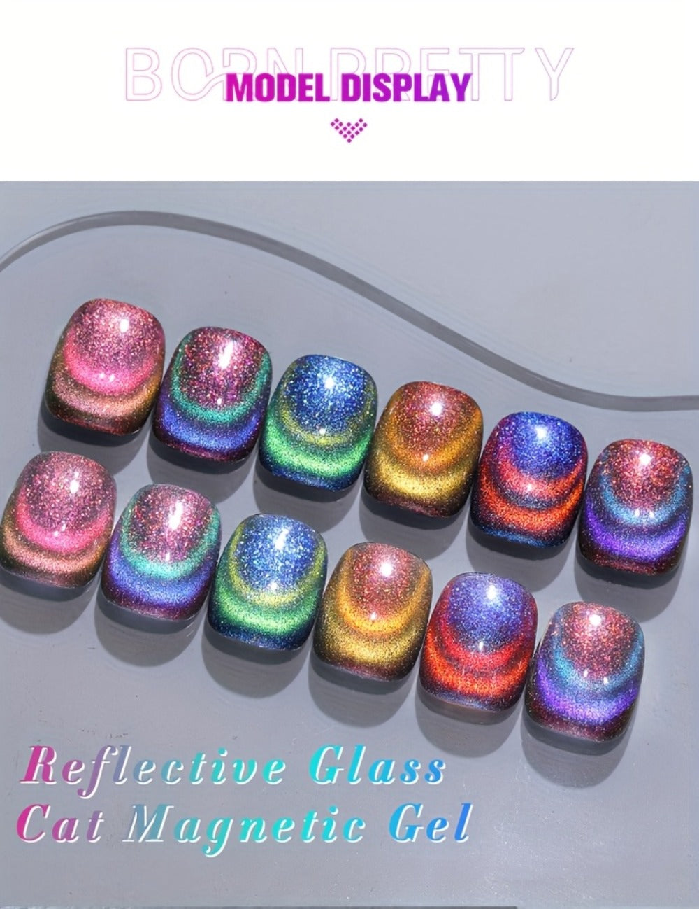 BORN PRETTY 0.34oz 6pcs Double Light Reflective Glass Cat Magnetic Gel Polish for Halloween Party Sparkling Rainbow Color Gel Soak Off